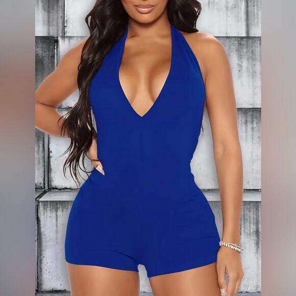 Sexy Open Back Halter Blue Romper Sz S/M - Picture 2 of 7